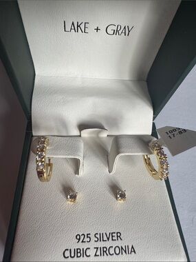 Gold Cubic Zirconia Hoop and Stud Earring Set - White